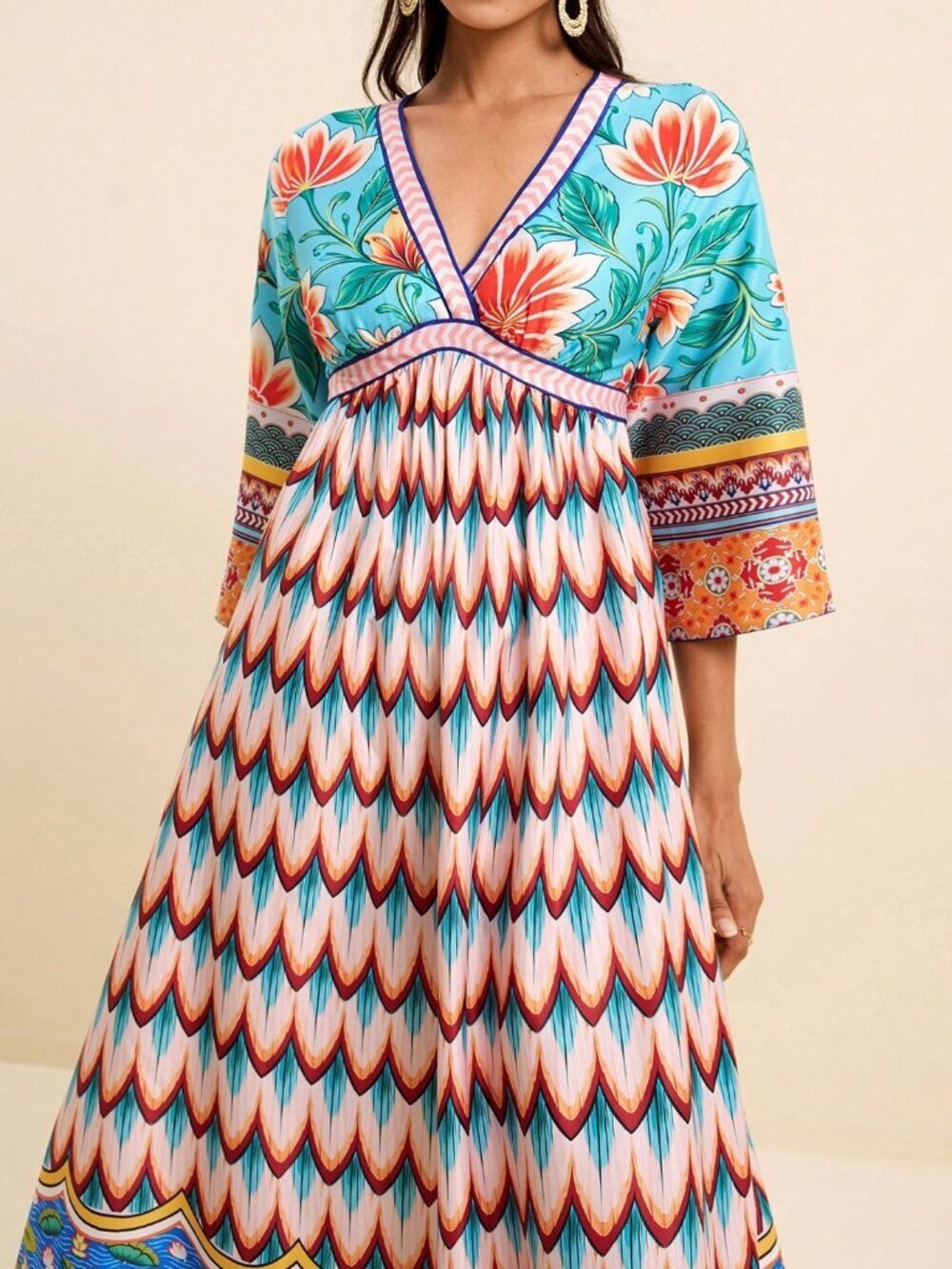 Multicolor Boho Women's Tropical Floral V-Neck Long Dress - Picture 6 of 8